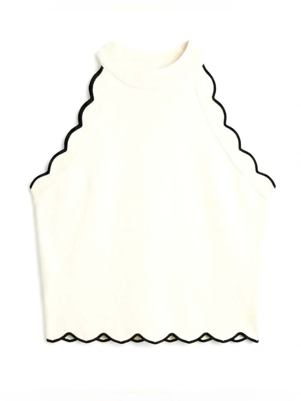 Cream Knit Two Piece Set Scalloped Halter Crop Top Wavy Stripe Midi Skirt Size M - Picture 4 of 11